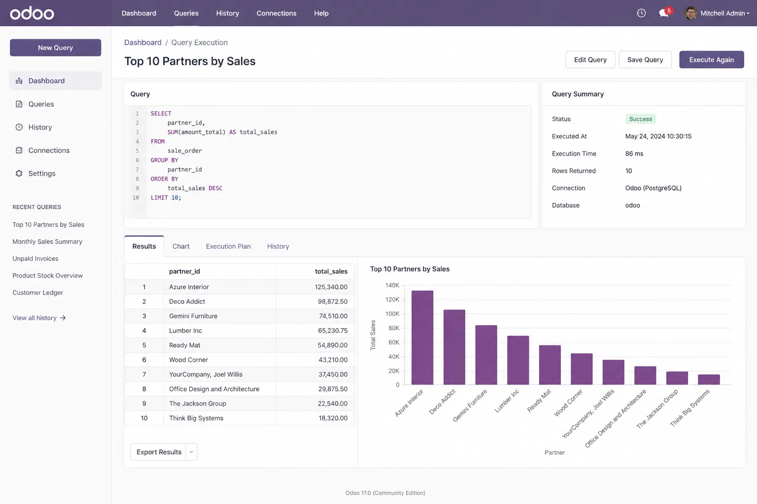 Odoo PSQL Query Execute dashboard for running PostgreSQL SELECT queries and reviewing backend data