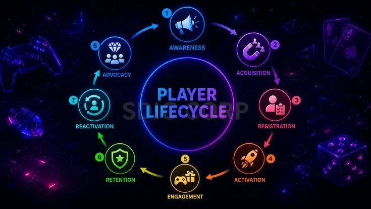 iGaming CRM player lifecycle diagram showing 6 stages from registration KYC and first deposit through active play at-risk detection churn recovery and VIP management