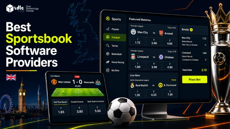 Best sportsbook software providers in UK with betting dashboard, odds screen, football, and trophy visuals