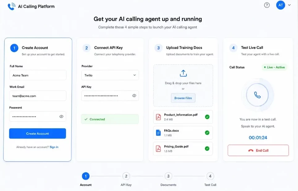 Pulastya AI setup dashboard for training an AI voice agent
