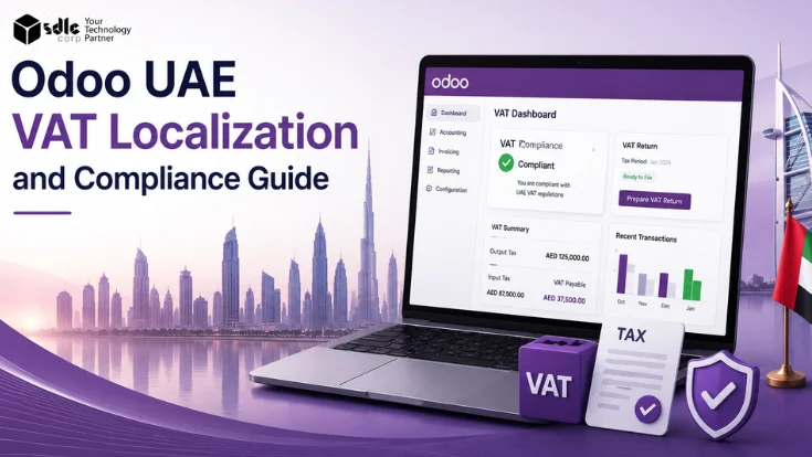 Odoo UAE VAT localization and compliance dashboard showing VAT return, tax invoice, Dubai skyline, and UAE business setup visuals