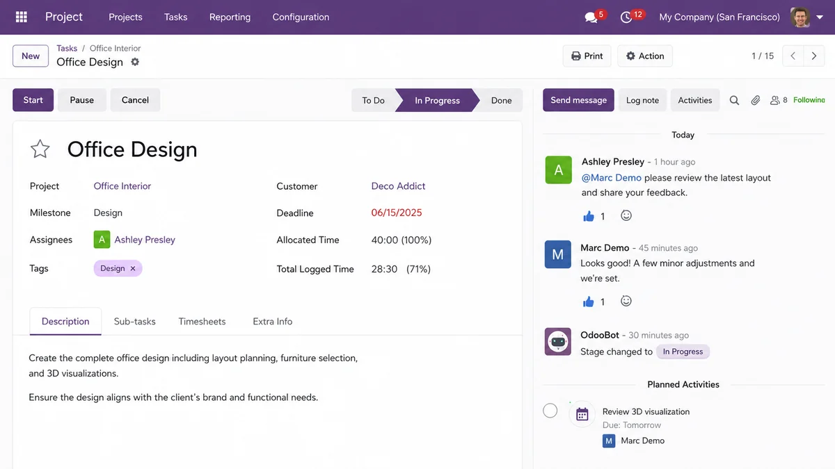 Odoo Chatter Position Module showing flexible side bottom and responsive chatter layout