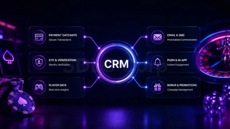 iGaming CRM live integration map showing upstream and downstream connections