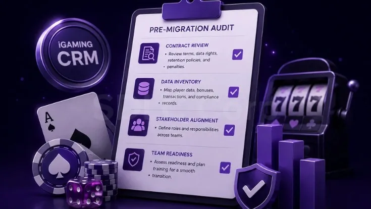 RACI matrix for iGaming CRM migration showing responsibility across CRM, CTO, compliance, marketing ops, support, finance, and legal teams