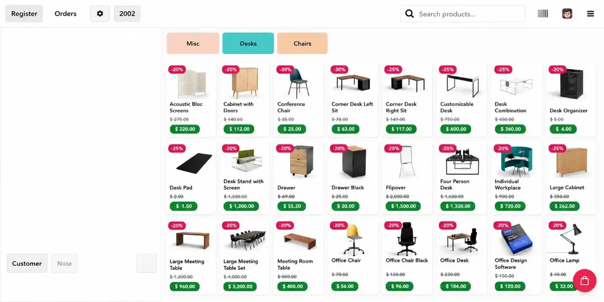 Odoo POS product card with discount badge and strike-through price