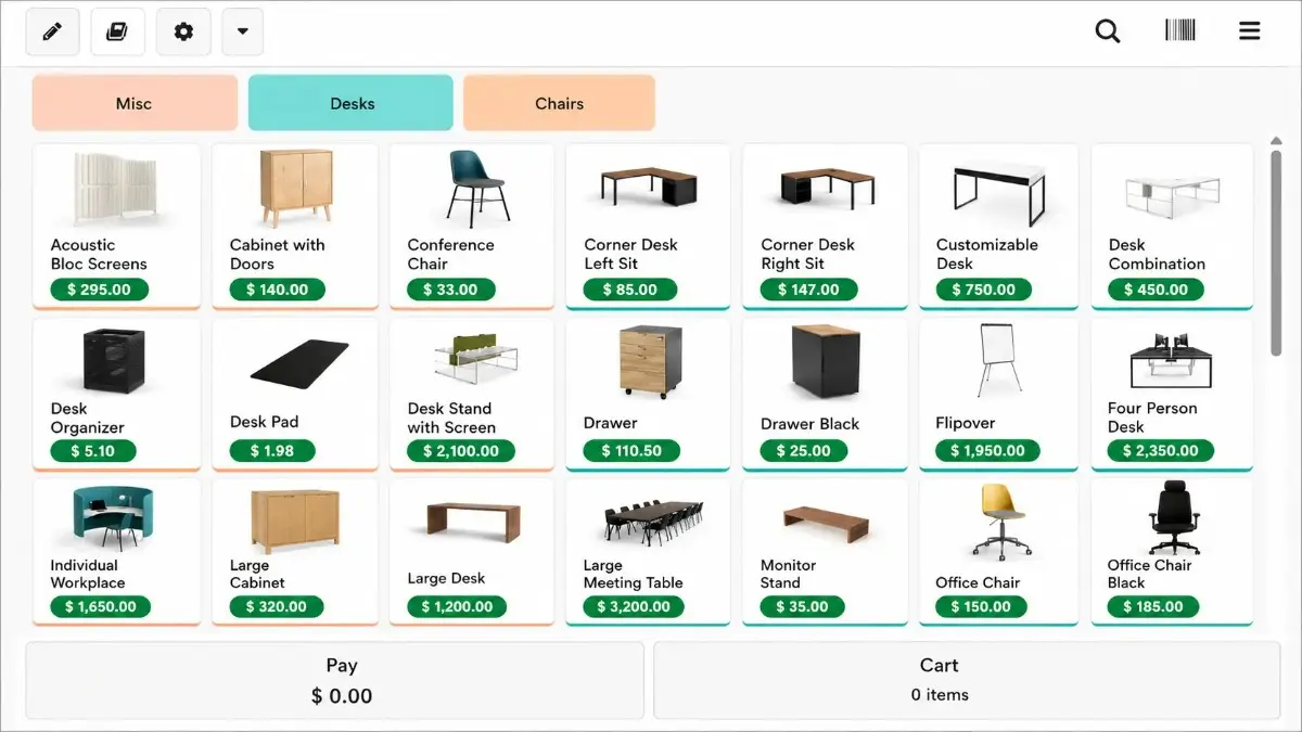 Odoo POS product grid with price pill on every product card
