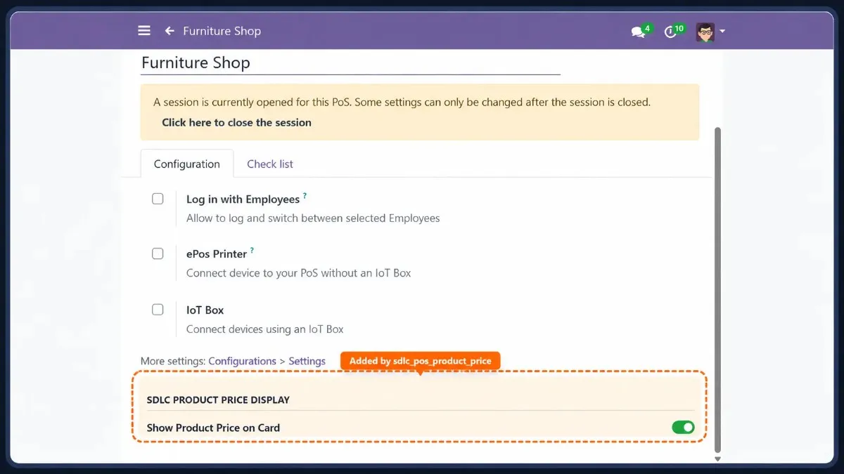 Odoo POS configuration screen with shop-wise product price toggle