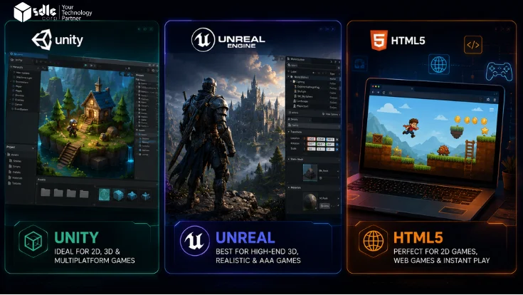 Unity vs Unreal Engine 5 vs HTML5 game engine comparison for mobile, PC, console, and browser game development