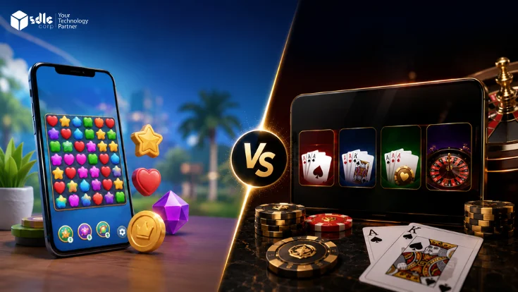 Side-by-side comparison of casual mobile game and real-money gaming app