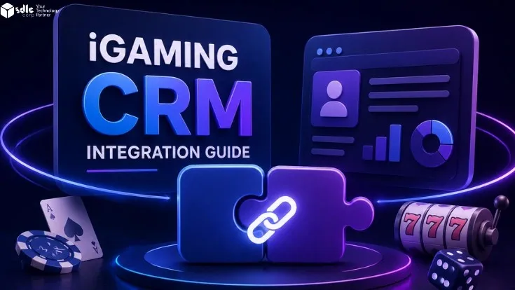 iGaming CRM integration guide feature image showing connected CRM system, integration flow, and casino gaming elements in a dark premium digital environment.
