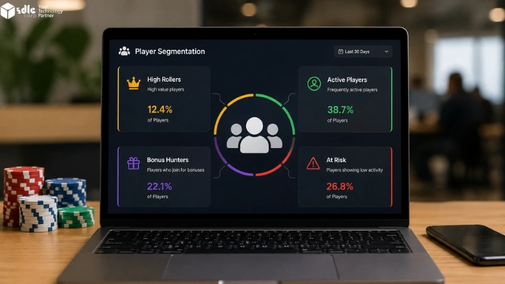 Realistic iGaming CRM dashboard showing real-time player segmentation with categorized player groups, analytics interface, and casino-themed elements for engagement tracking and player behavior insights.