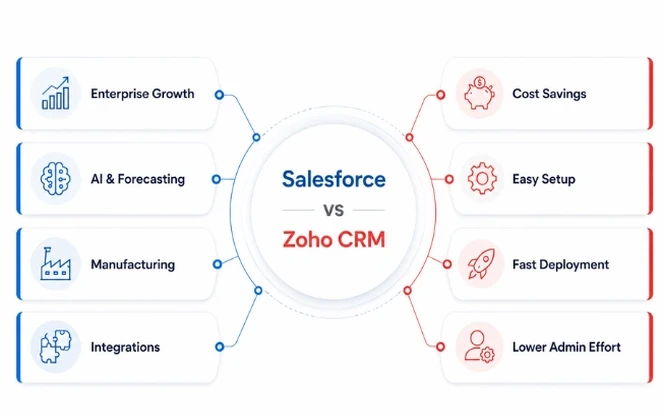 Salesforce vs Zoho CRM features comparison including pricing, customization, integrations, scalability, and implementation