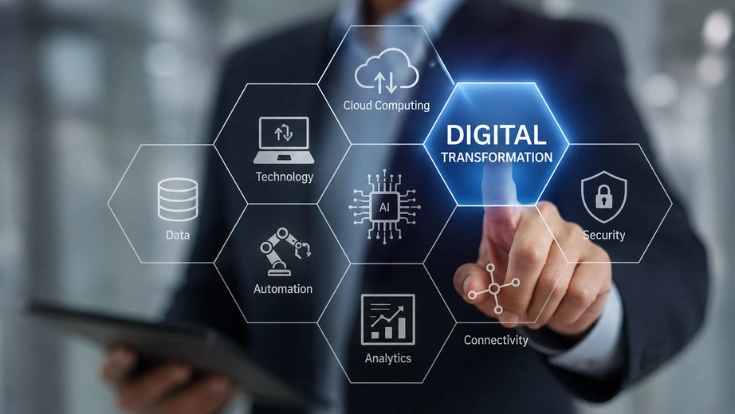 Realistic generative AI for fintech concept showing a business professional interacting with a digital financial interface featuring AI, analytics, security, automation, and fintech transformation elements in a modern corporate setting.