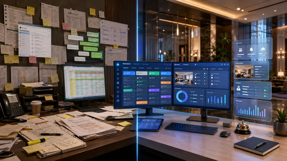 Hotel team managing bookings room status housekeeping payments guest records and daily reports in InnCentral hotel management software