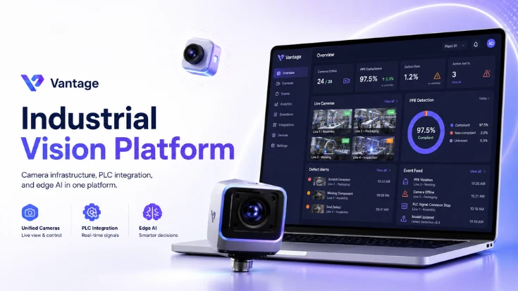 Vantage Industrial Vision Platform dashboard with AI camera monitoring, PLC integration, PPE detection, defect alerts, and edge AI analytics.