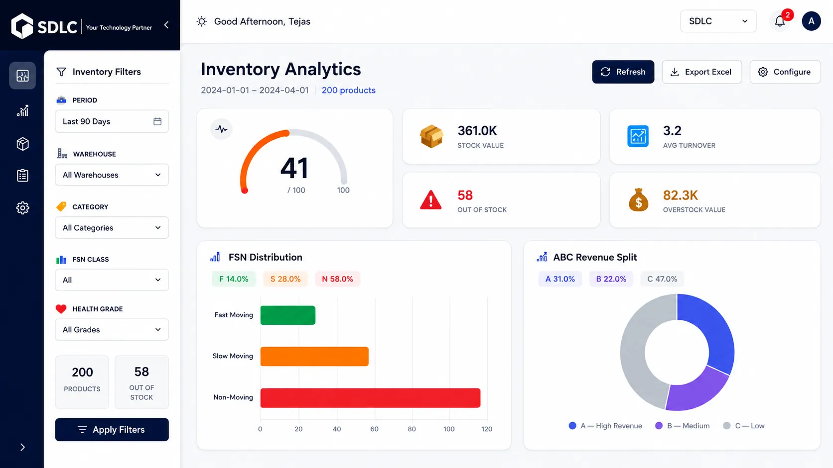 Inventory Analytics Pro Odoo dashboard showing stock health slow moving inventory reorder planning vendor insights and RFQ actions