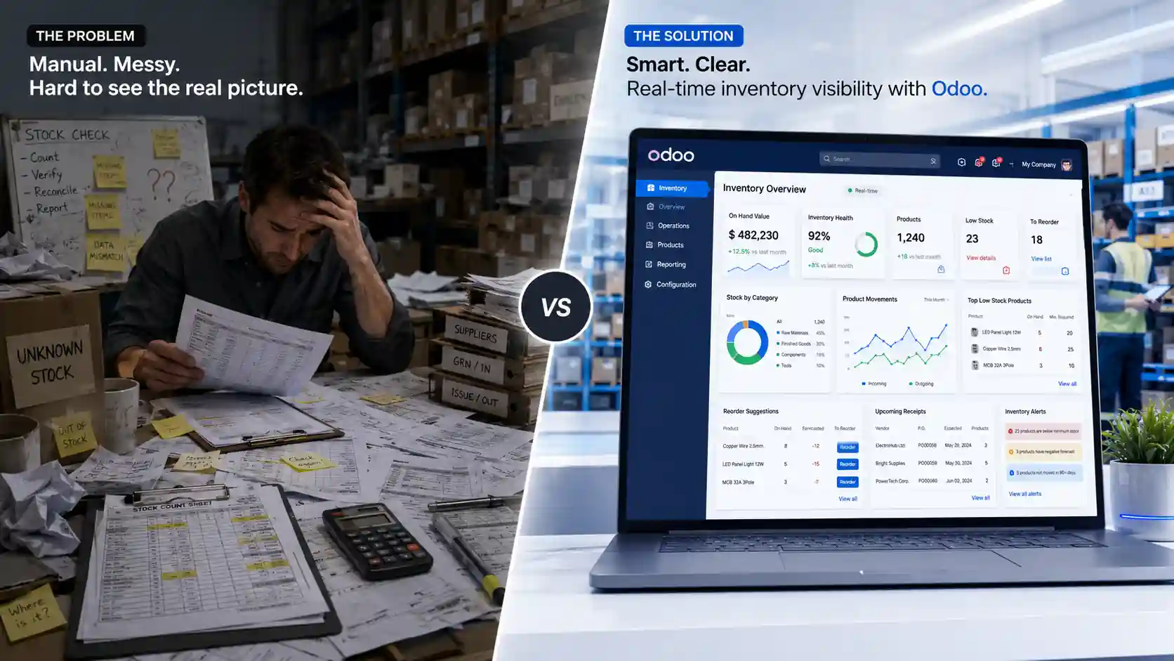 Inventory Analytics Pro Odoo dashboard for stock health product movement and reorder planning