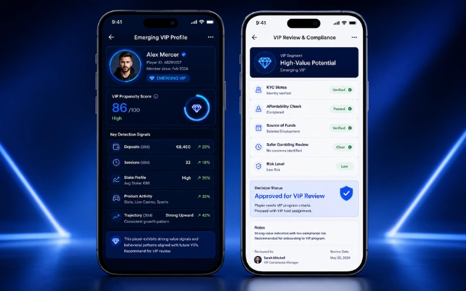 Two mobile screens showing emerging VIP profile signals and VIP review compliance checks in a blue iGaming CRM interface.
