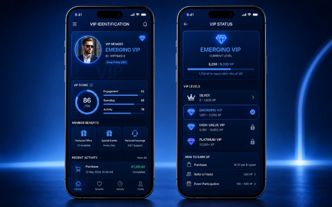 Two blue-themed mobile screens showing VIP identification, score, benefits, and emerging VIP status for iGaming CRM.