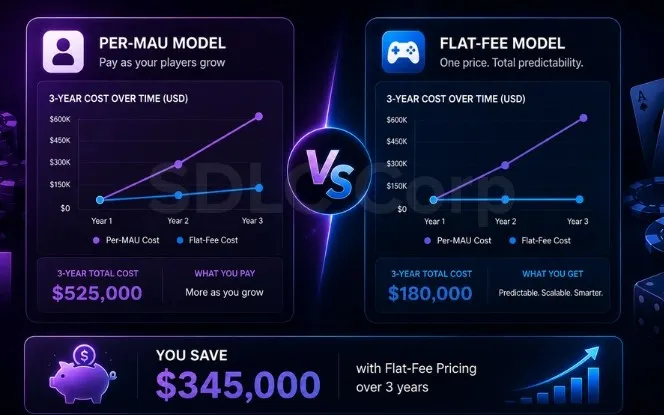 iGaming CRM cost comparison — per-player vs flat-fee across player volume tiers from 10k to 500k MAU