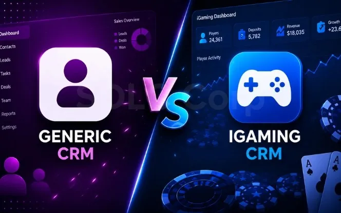 Generic CRM vs iGaming CRM comparison showing real-time triggers bonus engine responsible gaming suppression PAM integration and compliance for iGaming operators