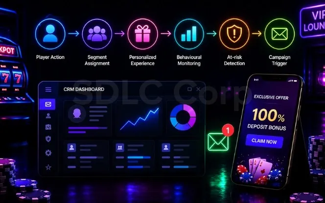 iGaming CRM software workflow showing player action real-time trigger segmentation automated campaign and outcome tracking for casino and sportsbook operators