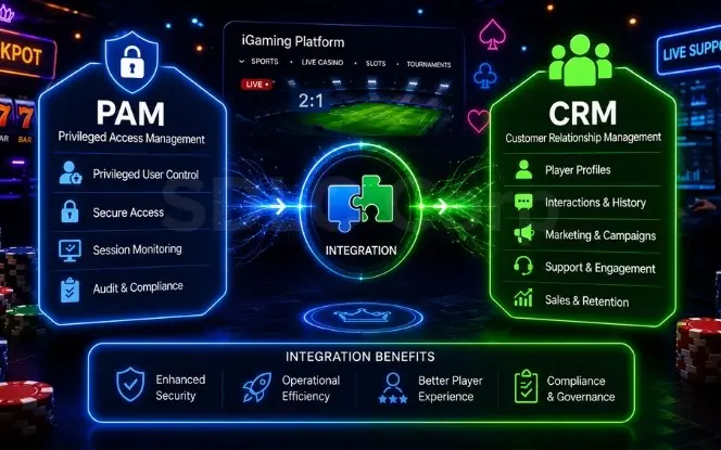 PAM and CRM integration architecture for iGaming platforms showing real-time player data flow deposits session events KYC status and responsible gaming campaign triggers