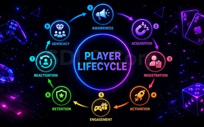 iGaming CRM player lifecycle diagram showing 6 stages from registration KYC and first deposit through active play at-risk detection churn recovery and VIP management
