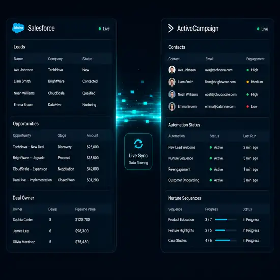 Salesforce and ActiveCampaign integration workflow dashboard for BPMInstitute client overview