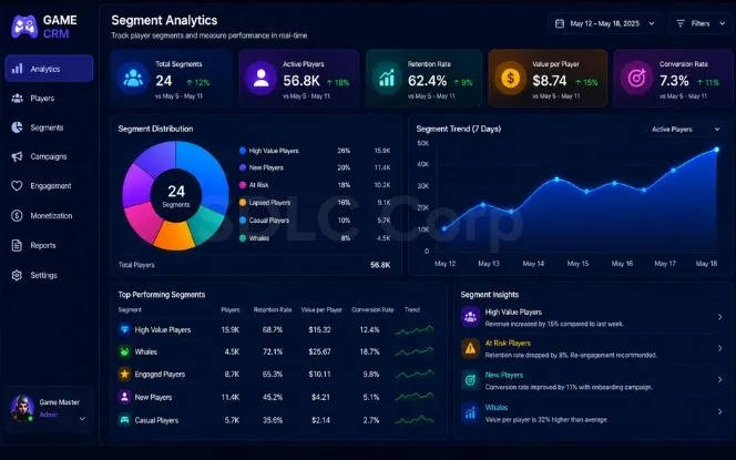 real-time player segmentation analytics dashboard tracking segment movement, retention, churn, and value per player in an iGaming CRM