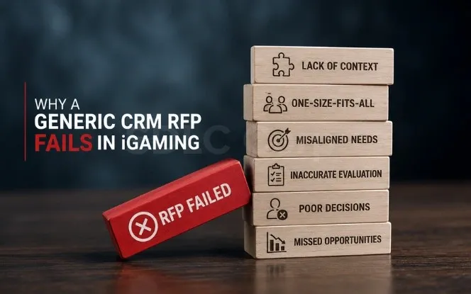 Visual representation of CRM RFP challenges in iGaming with blocks symbolizing generic requirements, evaluation gaps, and business risks.