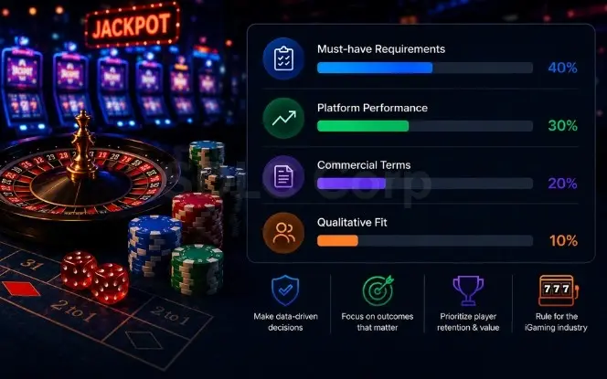iGaming CRM vendor scoring matrix preview with weighted requirements, 1 to 5 score columns, and TCO tab