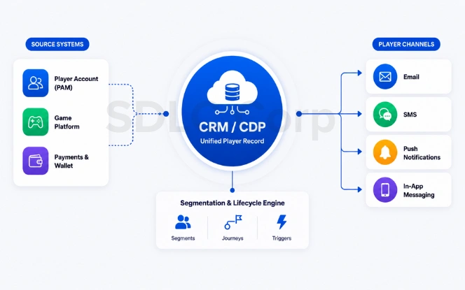 iGaming CRM integration architecture from PAM and sources through a data layer to CRM and channels
