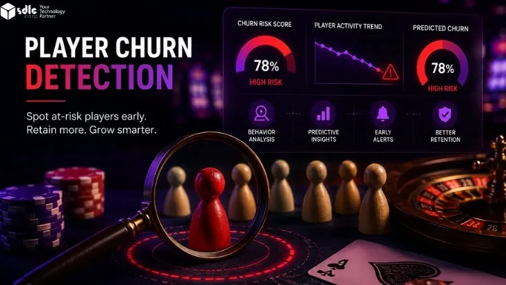 Player churn detection in iGaming showing player behavior analysis, churn risk identification, and retention-focused gaming insights with casino elements in a realistic dark environment.