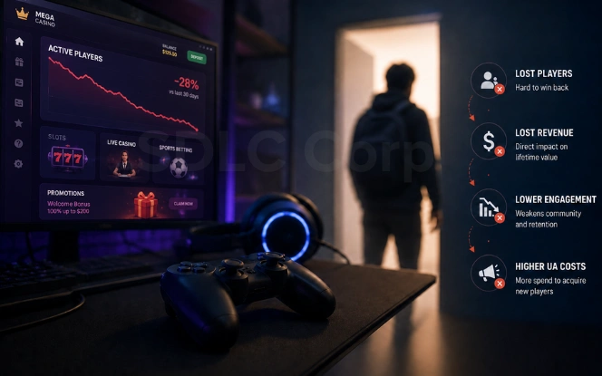 Player churn in iGaming illustrated through a departing player, declining engagement metrics, and revenue loss indicators on a gaming dashboard.