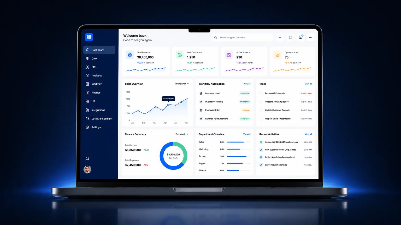 Enterprise software dashboard on a laptop for business platform planning