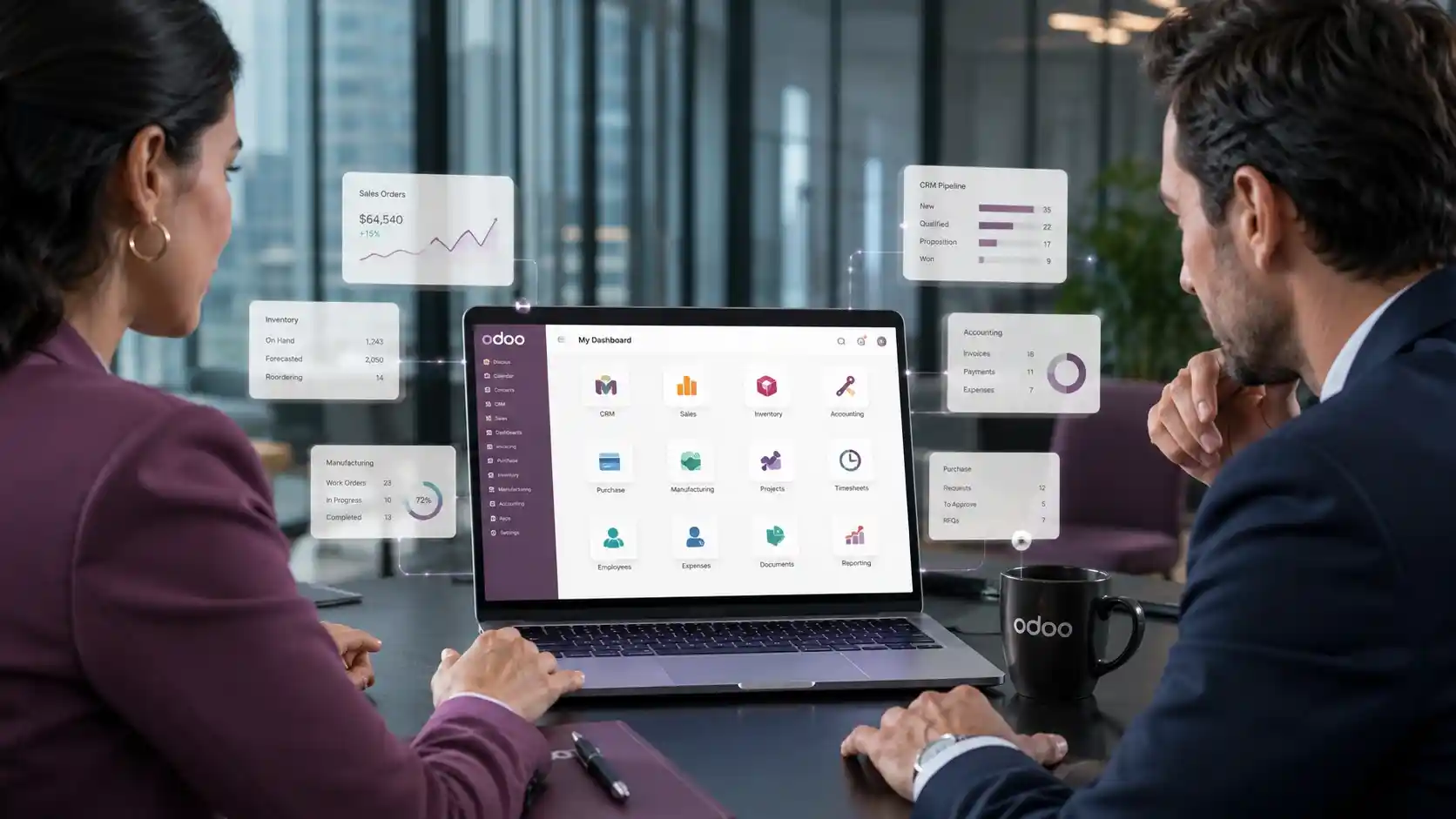 Odoo ERP solution connecting sales purchase inventory finance approvals service and reporting for QuantusTechnik