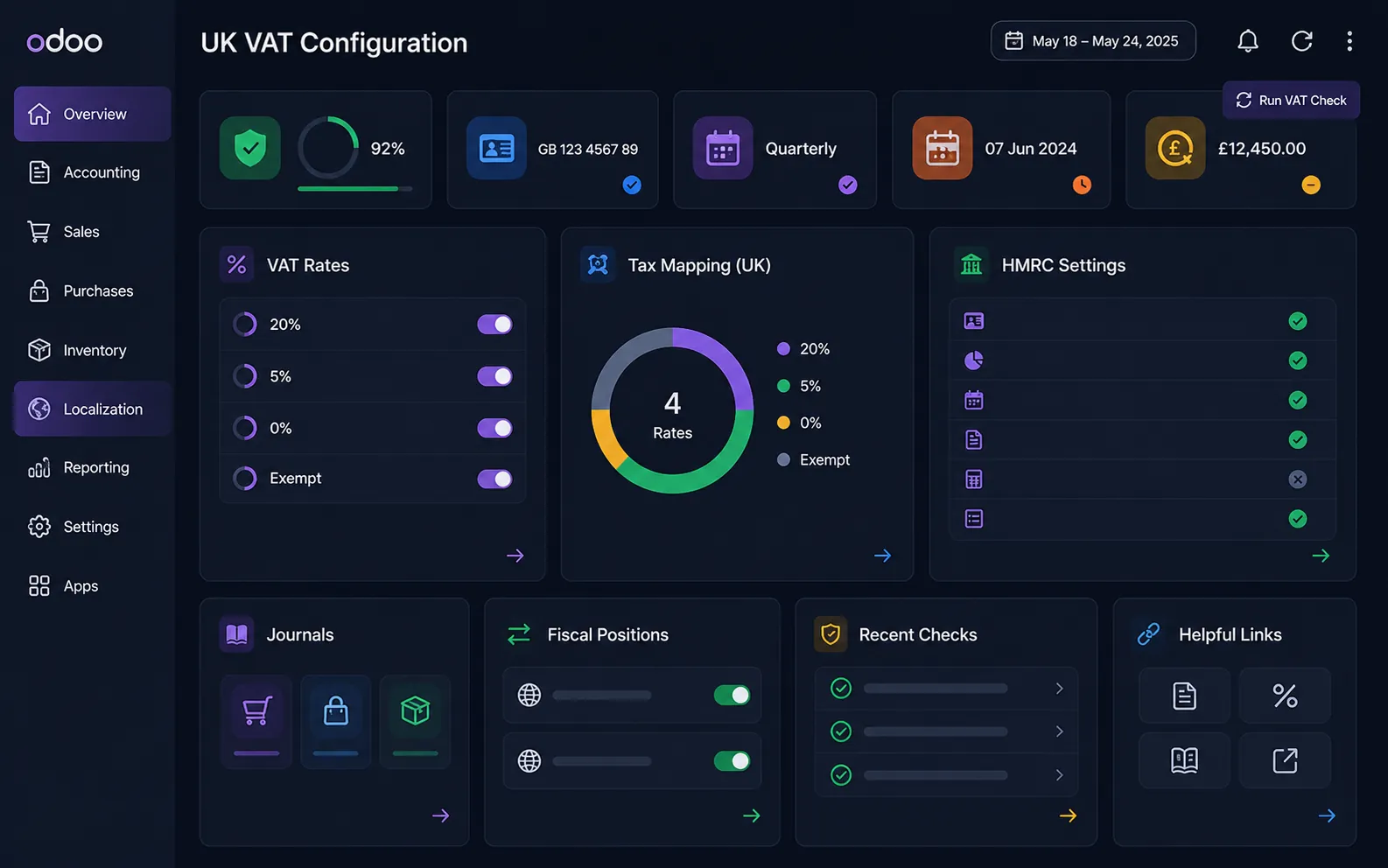 Odoo UK localisation setup showing VAT configuration and HMRC integration for Making Tax Digital compliance