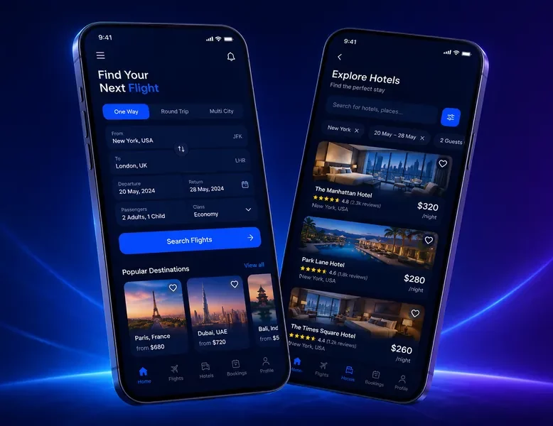 Travel app search and booking interface