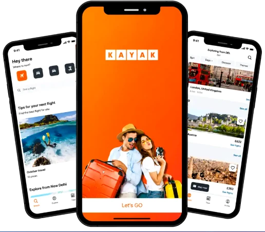 Travel mobile app development case study interface showing three mobile app screens