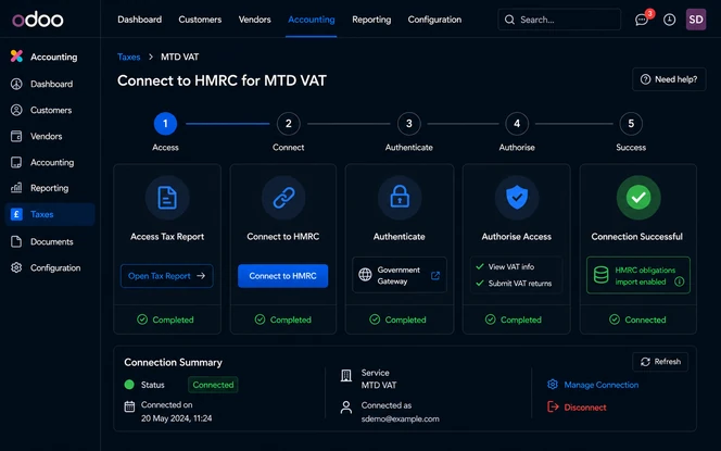 Odoo HMRC connection workflow showing Government Gateway authorisation and MTD VAT setup process