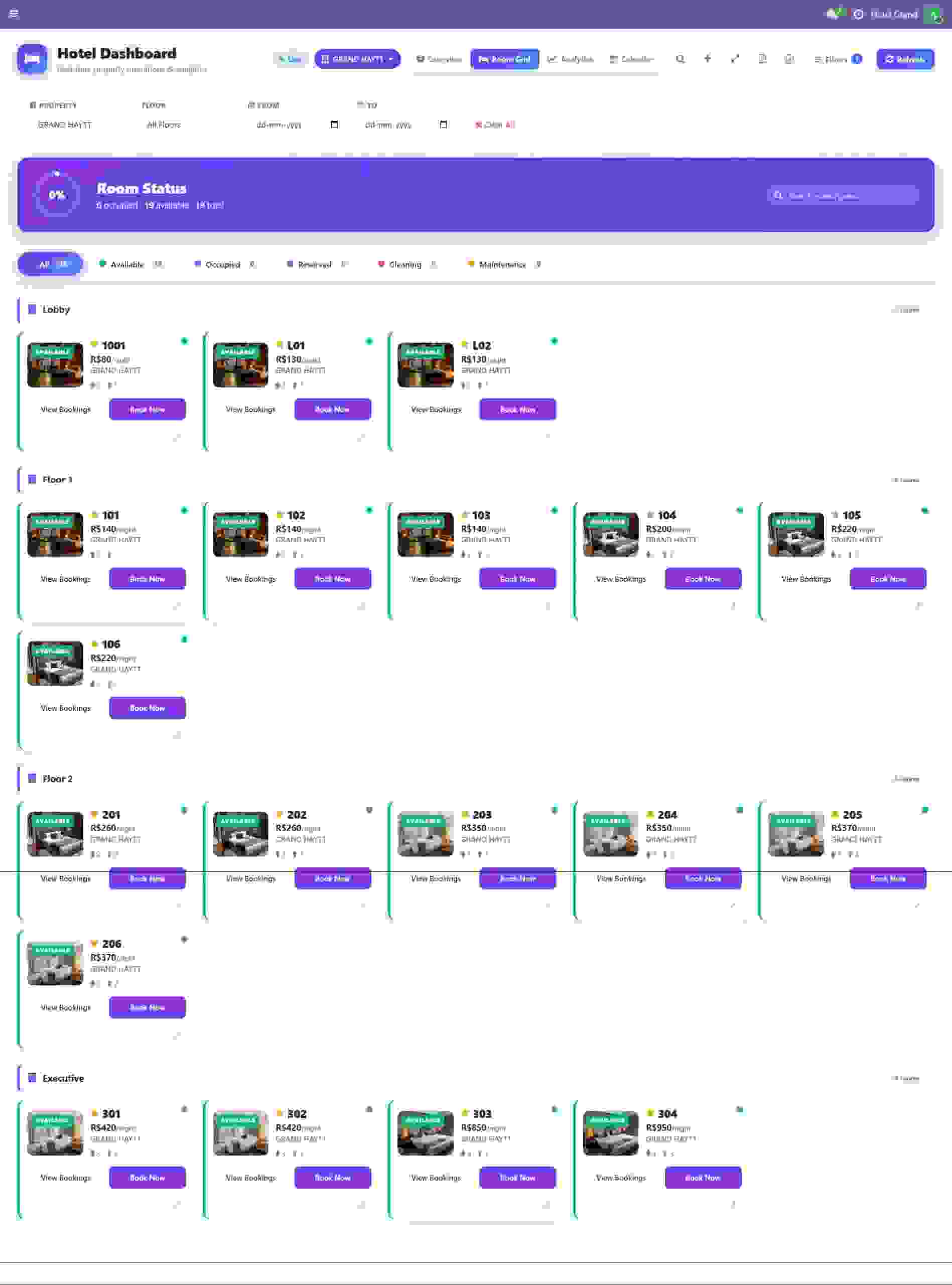 Odoo hotel room grid overview