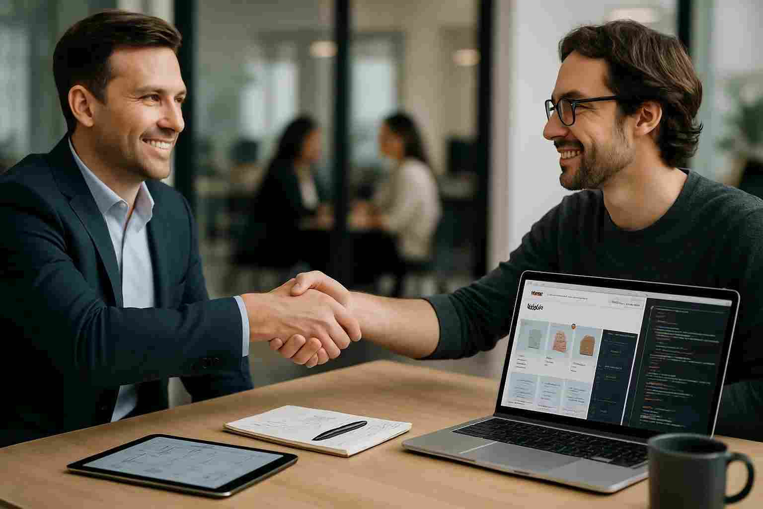 Client and B2B ecommerce consultant discussing platform architecture with ecommerce dashboards on laptops and workflow diagrams on whiteboards in a modern office setting