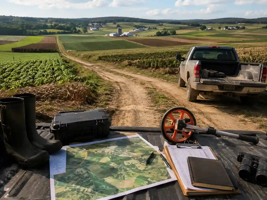 Drone operator completing a physical farm inspection before a mission