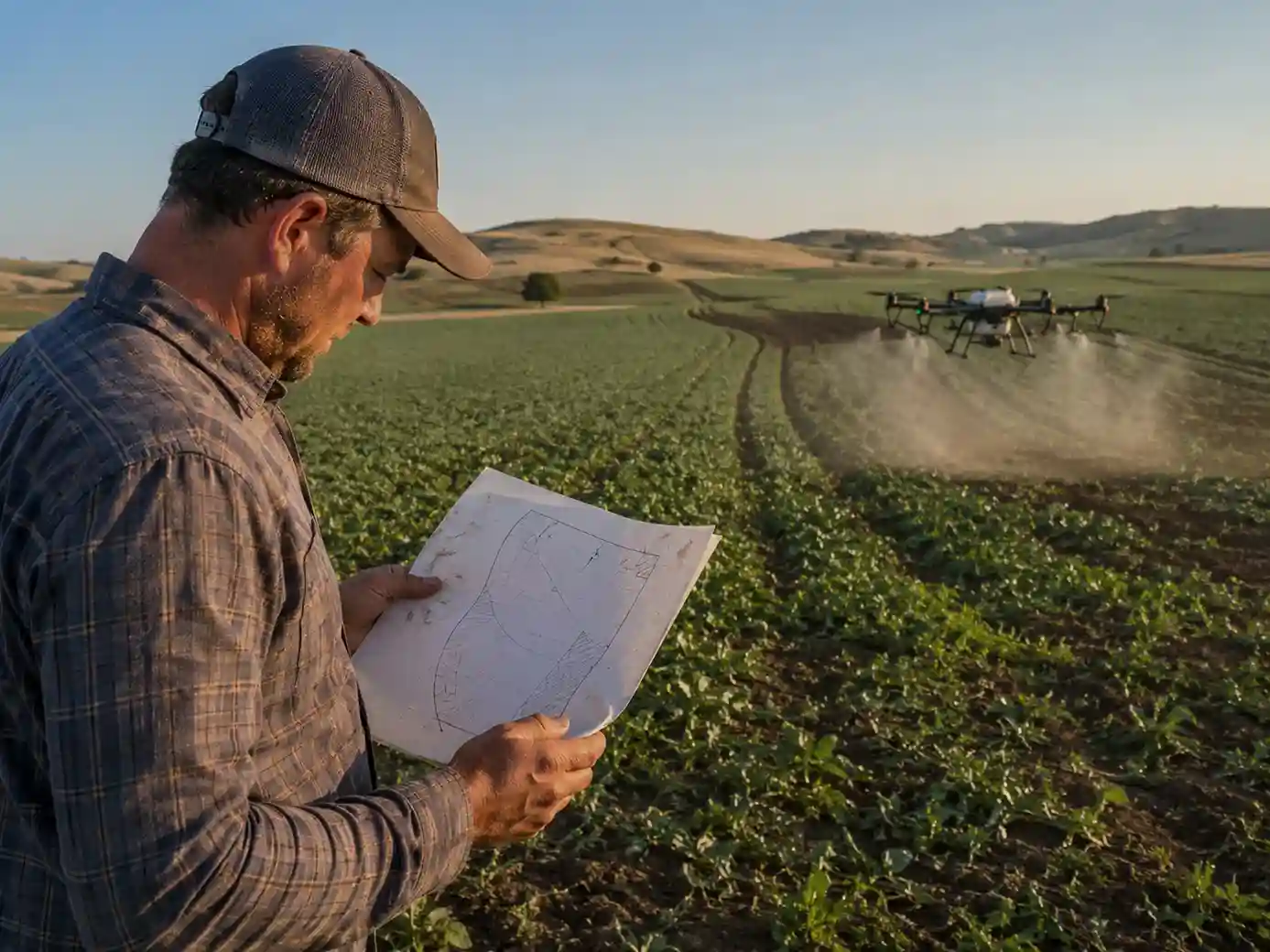 Drone operator using a hand-drawn farm sketch for spray planning