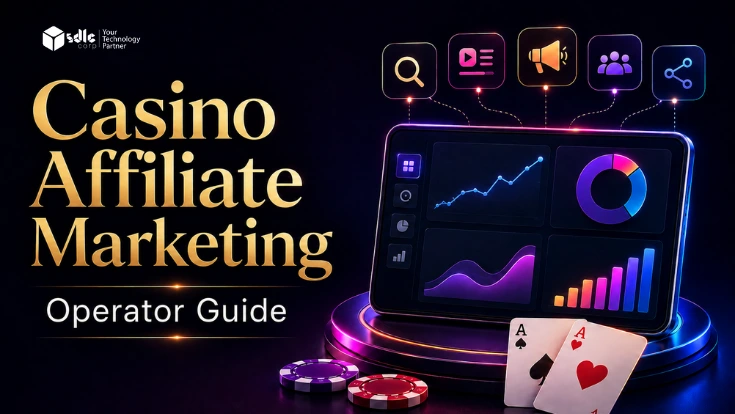 Casino affiliate marketing operator guide featured image with operator dashboard and affiliate channel icons
