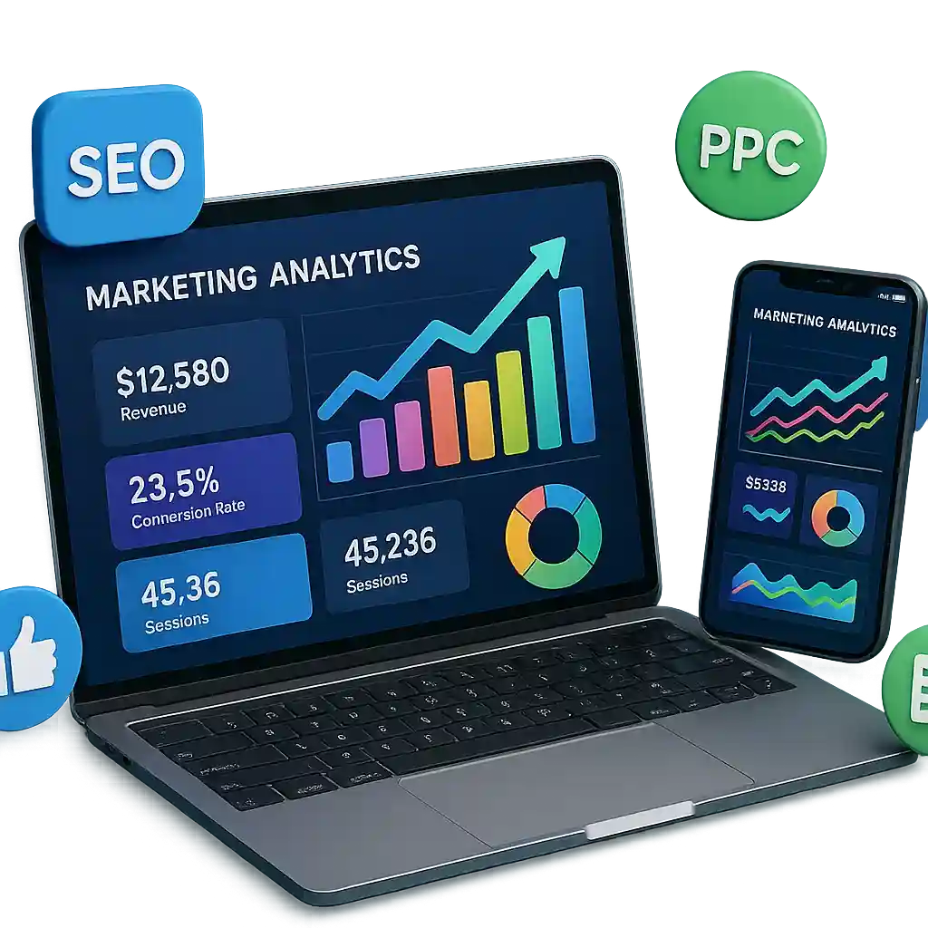 Laptop and smartphone showing colorful marketing analytics dashboards with upward-trending graphs
.