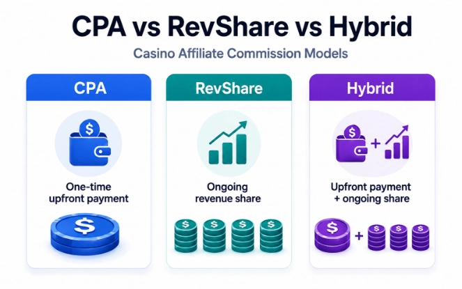 Casino affiliate commission models CPA RevShare and Hybrid framework