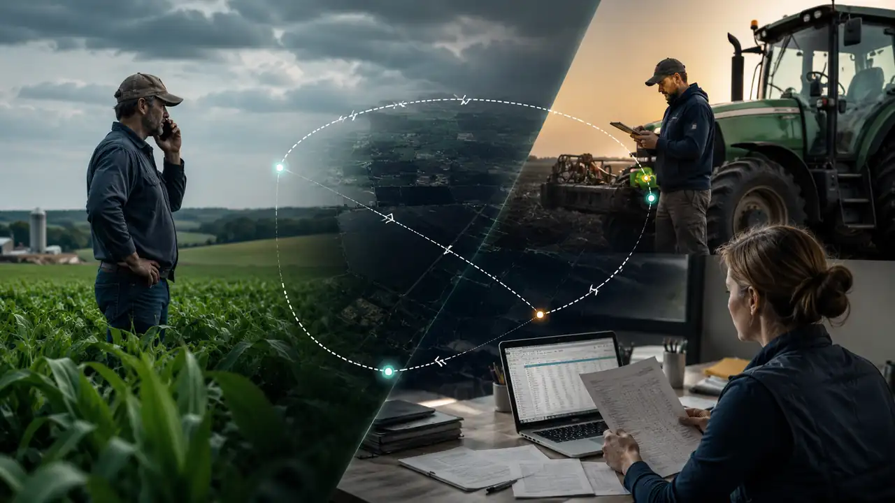 Farmer operator and office team working without a shared system