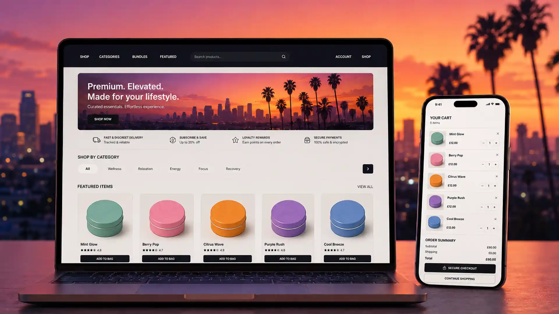 Custom eCommerce platform interface displayed on desktop and mobile screens